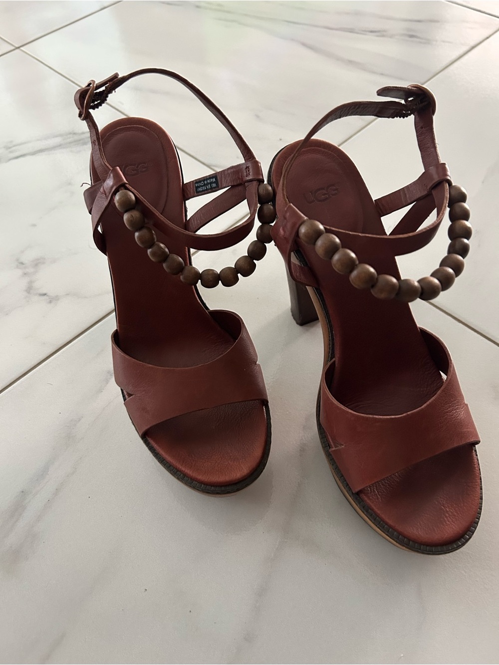 UGG Women's Brown Leather Beaded Ankle-Strap Heels. Size 8.5